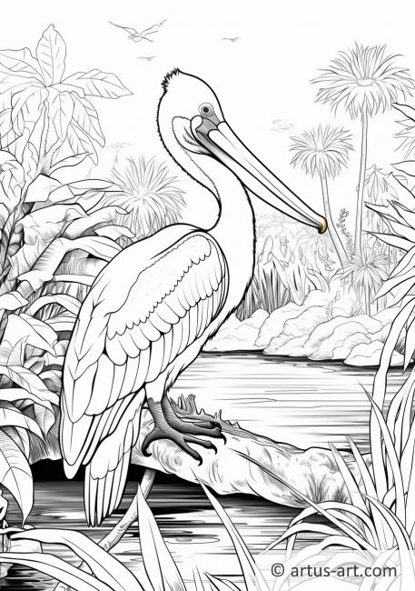 Tropikal Cennette Bir Pelikan Boyama Sayfası